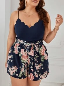 SHEIN VCAY Plus Summer Boho 扇贝边吊带上衣和花卉印花纸袋腰带短裤 - 藏蓝色 - 查看 4