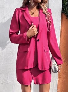 SHEIN LUNE Single Button Blazer & Cami Dress - Hot Pink - View 1
