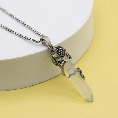 Flower Detail Geometric Stone Charm Necklace