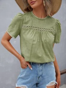 SHEIN VCAY Guipure Lace Panel Puff Sleeve Blouse - Mint Green - View 1
