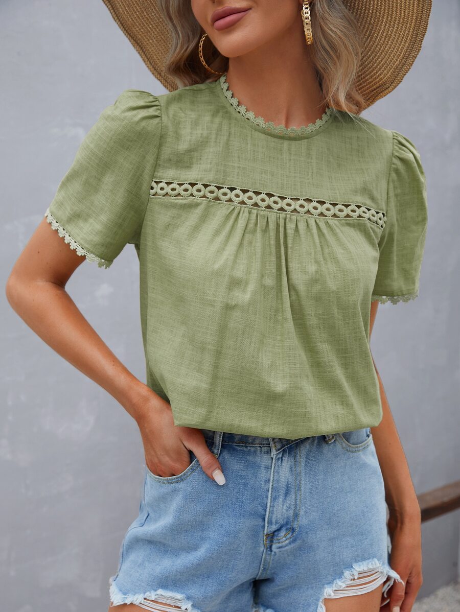 SHEIN VCAY Guipure Lace Panel Puff Sleeve Blouse - Mint Green - View 1