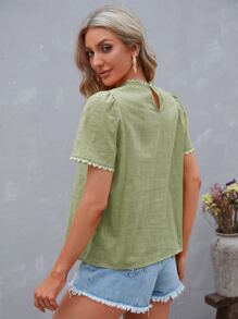 SHEIN VCAY Guipure Lace Panel Puff Sleeve Blouse - Mint Green - View 2