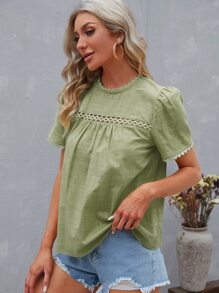 SHEIN VCAY Guipure Lace Panel Puff Sleeve Blouse - Mint Green - View 4
