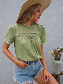 SHEIN VCAY Guipure Lace Panel Puff Sleeve Blouse - Mint Green - View 5