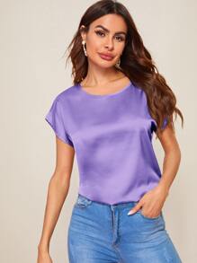 SHEIN Clasi 蝙蝠袖素色緞面上衣 - 紫羅蘭色 - 查看 1