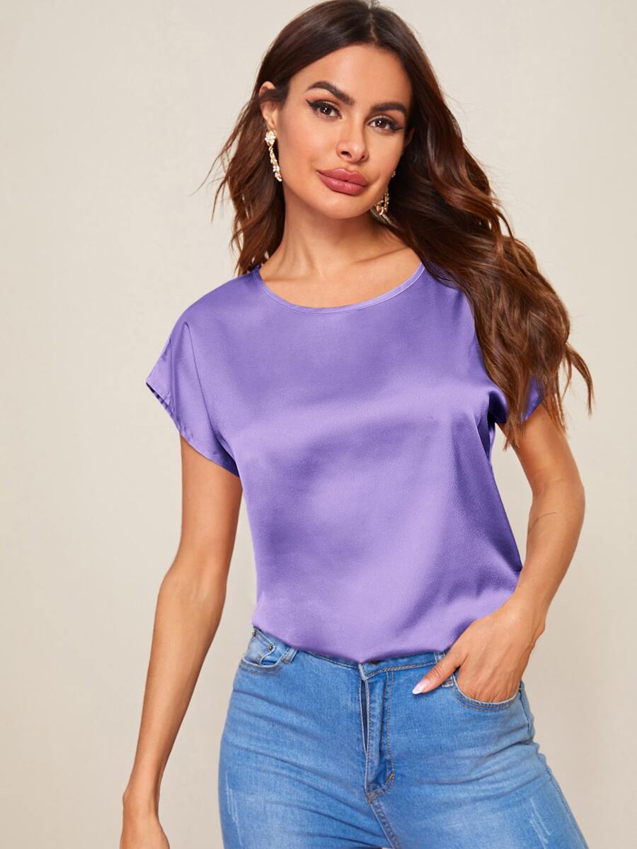 SHEIN Clasi 蝙蝠袖素色緞面上衣 - 紫羅蘭色 - 查看 1