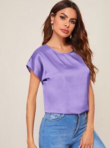 SHEIN Clasi 蝙蝠袖素色緞面上衣 - 紫羅蘭色 - 查看 4