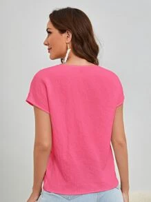 SHEIN LUNE 鏤空V領蝙蝠袖襯衫 - 粉色 - 查看 2