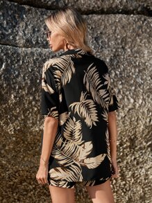 SHEIN VCAY Tropical Print Drop Shoulder Shirt & Shorts - Black - View 2