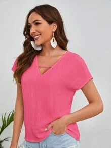 SHEIN LUNE 鏤空V領蝙蝠袖襯衫 - 粉色 - 查看 4