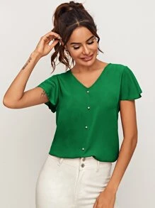 SHEIN Privé Pearl Beaded Flutter Sleeve Top - Green - View 1