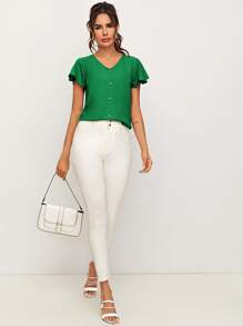 SHEIN Privé Pearl Beaded Flutter Sleeve Top - Green - View 3