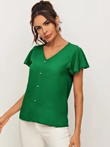 SHEIN Privé Pearl Beaded Flutter Sleeve Top - Green - View 4