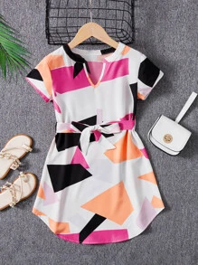 SHEIN Girls Geo Print Notch Neck Belted Dress - Hot Pink - View 1