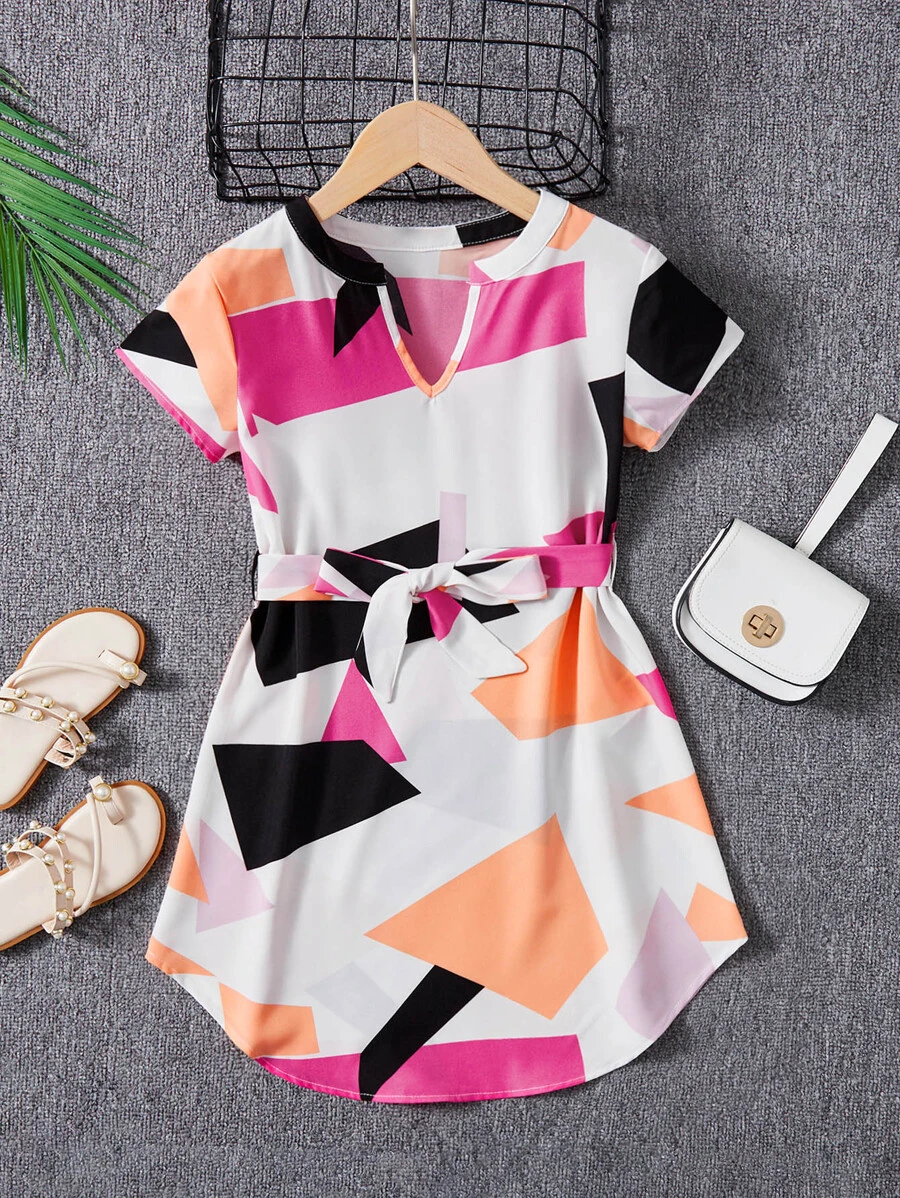 SHEIN Girls Geo Print Notch Neck Belted Dress - Hot Pink - View 1