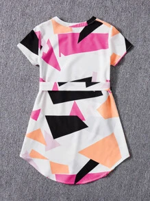 SHEIN Girls Geo Print Notch Neck Belted Dress - Hot Pink - View 2