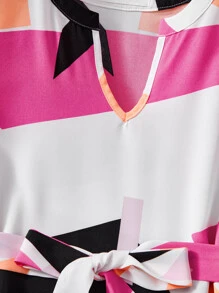 SHEIN Girls Geo Print Notch Neck Belted Dress - Hot Pink - View 3