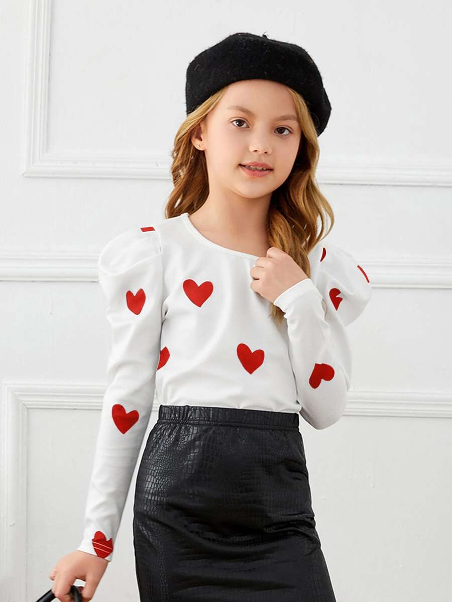SHEIN 女孩愛心圖案羊腿袖T恤 - 白色 - 查看 1