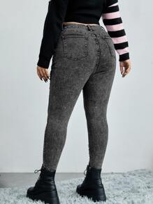 SHEIN EZwear 大碼高腰破洞緊身牛仔褲 - 深灰色 - 查看 2