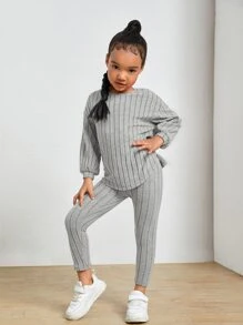 Young Girl Rib-Knit Drop Shoulder Curved Hem Tee & Leggings - Light Grey - View 4