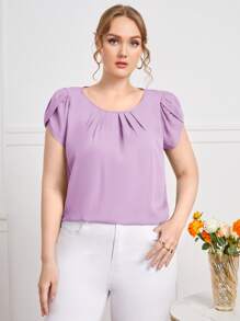 SHEIN Clasi Plus Petal Sleeve Fold Pleated Top - Lilac Purple - View 1