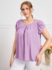 SHEIN Clasi Plus Petal Sleeve Fold Pleated Top - Lilac Purple - View 3