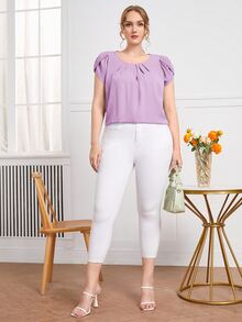 SHEIN Clasi Plus Petal Sleeve Fold Pleated Top - Lilac Purple - View 5