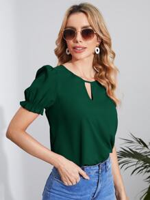 SHEIN Clasi Blusa verde con cuello de ojo de cerradura y manga abullonada, blusas de manga corta - Verde Oscuro - Ver 3