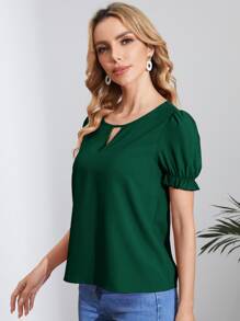 SHEIN Clasi Blusa verde con cuello de ojo de cerradura y manga abullonada, blusas de manga corta - Verde Oscuro - Ver 5