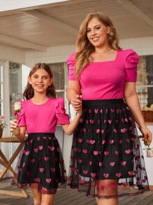 SHEIN Clasi 1 pieza Top de manga farol & 1 pieza Falda de malla con corazón - Multicolor - Ver 3