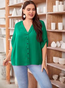 SHEIN LUNE Plus Roll Tab Sleeve Button Placket Blouse - Green - View 4