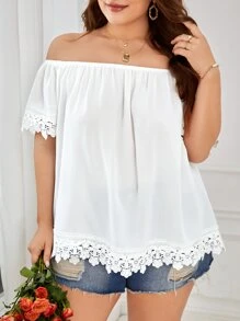 SHEIN VCAY Áo sơ mi Plus Size Tương phản ren màu trơn Thanh lịch - trắng - Xem 1