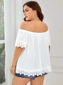 SHEIN VCAY Áo sơ mi Plus Size Tương phản ren màu trơn Thanh lịch - trắng - Xem 2