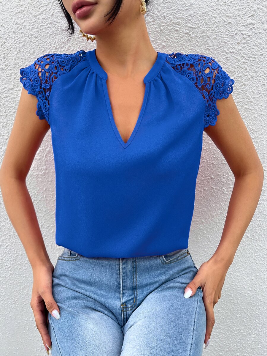 SHEIN Clasi Contrast Guipure Lace Raglan Sleeve Blouse - Blue - View 1