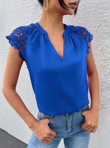SHEIN Clasi Contrast Guipure Lace Raglan Sleeve Blouse - Blue - View 2