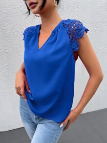 SHEIN Clasi Contrast Guipure Lace Raglan Sleeve Blouse - Blue - View 3