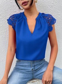 SHEIN Clasi Contrast Guipure Lace Raglan Sleeve Blouse - Blue - View 4