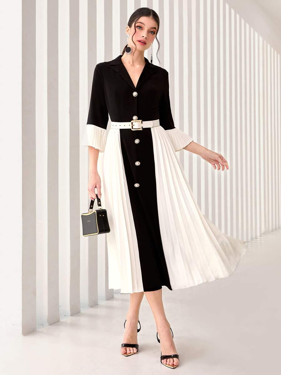 Modelyn Colourblock Lapel Collar Pleated Hem Dress Without Belt - Black and White - View 1