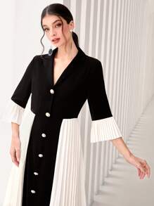 Modelyn Colourblock Lapel Collar Pleated Hem Dress Without Belt - Black and White - View 3