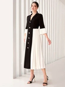 Modelyn Colourblock Lapel Collar Pleated Hem Dress Without Belt - Black and White - View 4