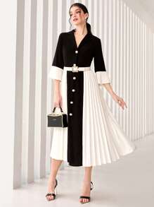 Modelyn Colourblock Lapel Collar Pleated Hem Dress Without Belt - Black and White - View 5