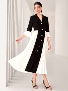 Modelyn Colourblock Lapel Collar Pleated Hem Dress Without Belt - Black and White - View 6
