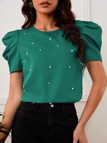 SHEIN Clasi Solid Puff Sleeve Pearls Beaded Top - Green - View 1