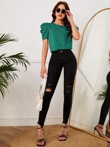 SHEIN Clasi Solid Puff Sleeve Pearls Beaded Top - Green - View 3