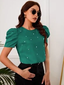 SHEIN Clasi Solid Puff Sleeve Pearls Beaded Top - Green - View 4