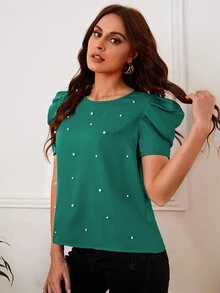 SHEIN Clasi Solid Puff Sleeve Pearls Beaded Top - Green - View 5