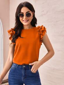 SHEIN Clasi 荷葉袖素色上衣 - 橘色 - 查看 2