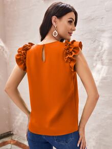 SHEIN Clasi 荷葉袖素色上衣 - 橘色 - 查看 3