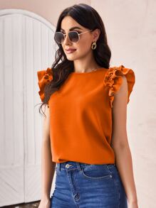 SHEIN Clasi 荷葉袖素色上衣 - 橘色 - 查看 6