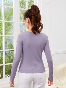 SHEIN Chicas adolescentes Camiseta fruncido delantero tejido de canalé - Lila Púrpura - Ver 2